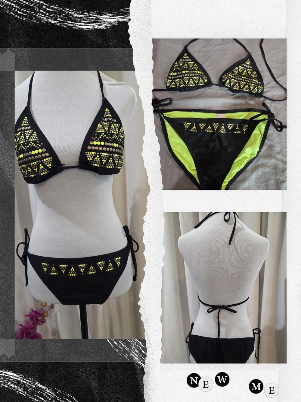 Xhilaration Black & Neon Yellow Studded Triangle Bikini